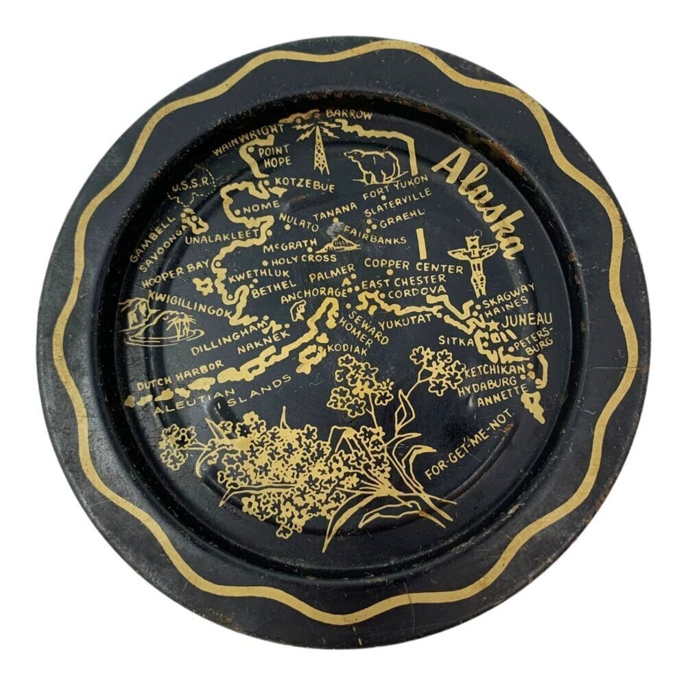 Vintage Alaska State Map Souvenir Black Gold Metal Tin Travel Coaster Ashtray 3